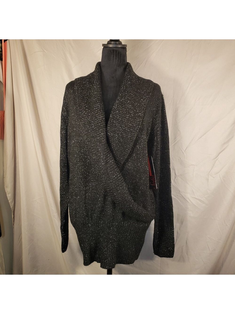 NWT Sofia By Sofia Vergara Black Sparkle Women's Draped Sweater - XL
